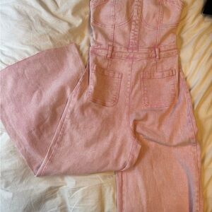 Pink Strapless Denim Jumpsuit